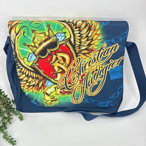 Christian Audigier Messenger Bag Y2K Crown Shield Graphic‎ Blue - Picture 1 of 10